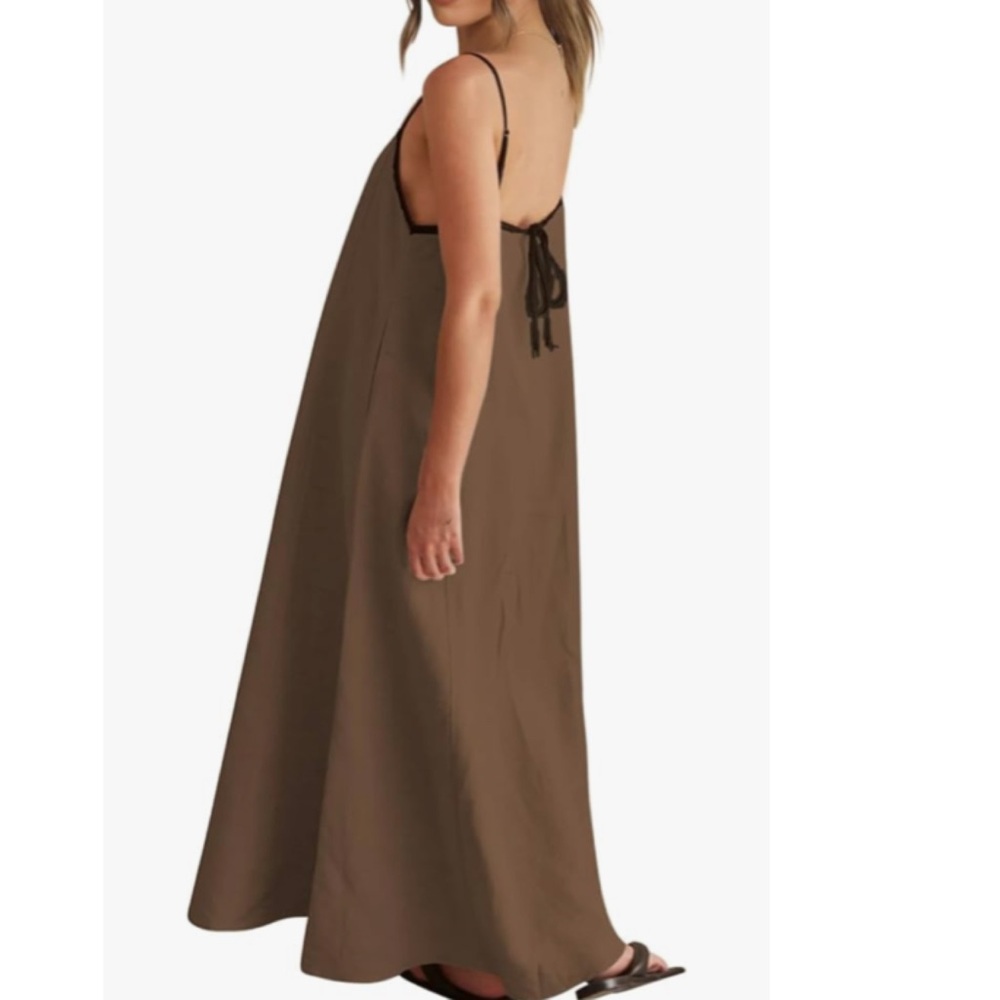 Summer Linen Maxi Dress w/Contrasting Color Spaghetti Strap Backless - Picture 6 of 11